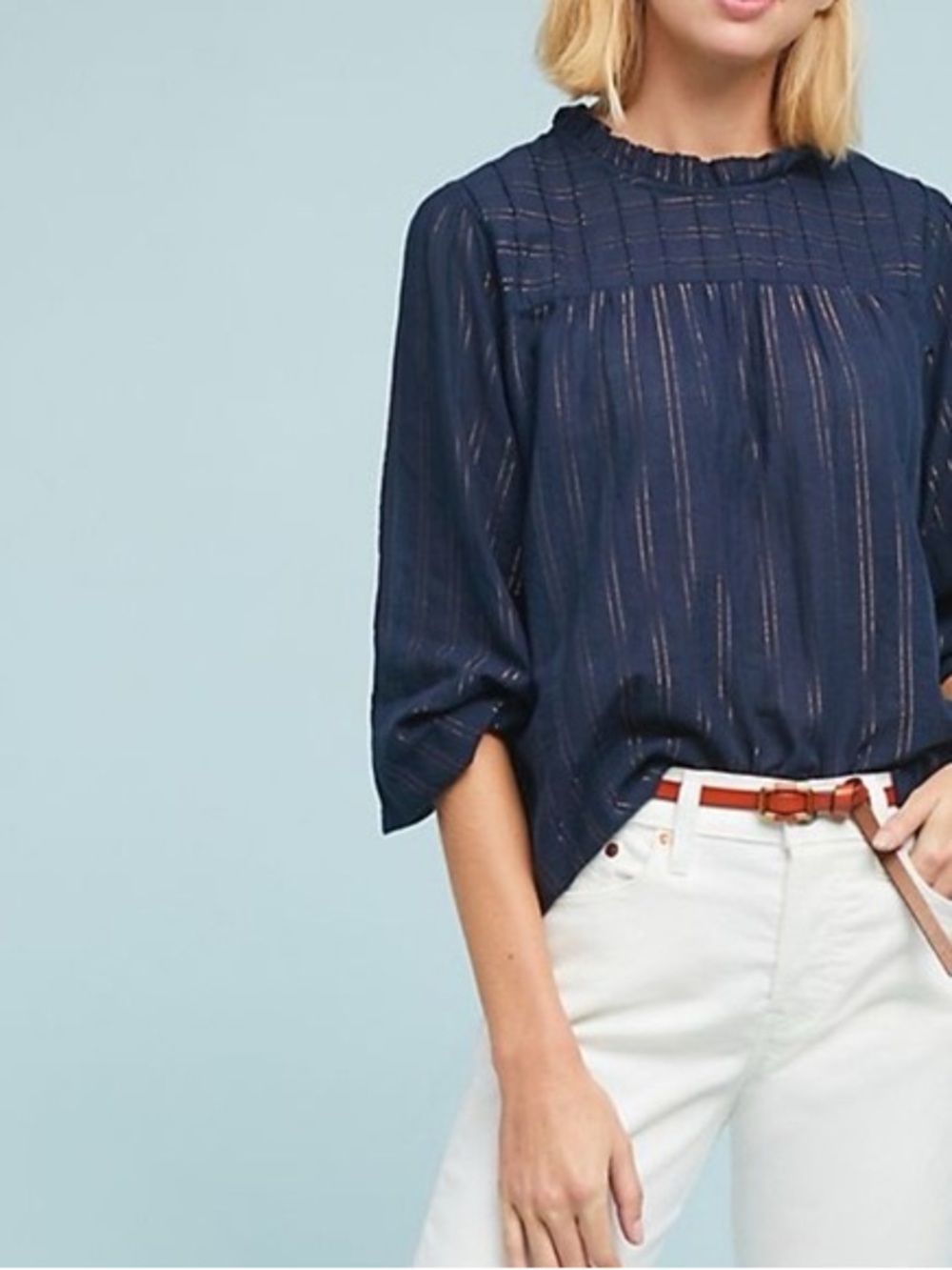 Anthropologie Maeve Top Womens Small Blue Gold Reston Blouse Boho Cottagecore